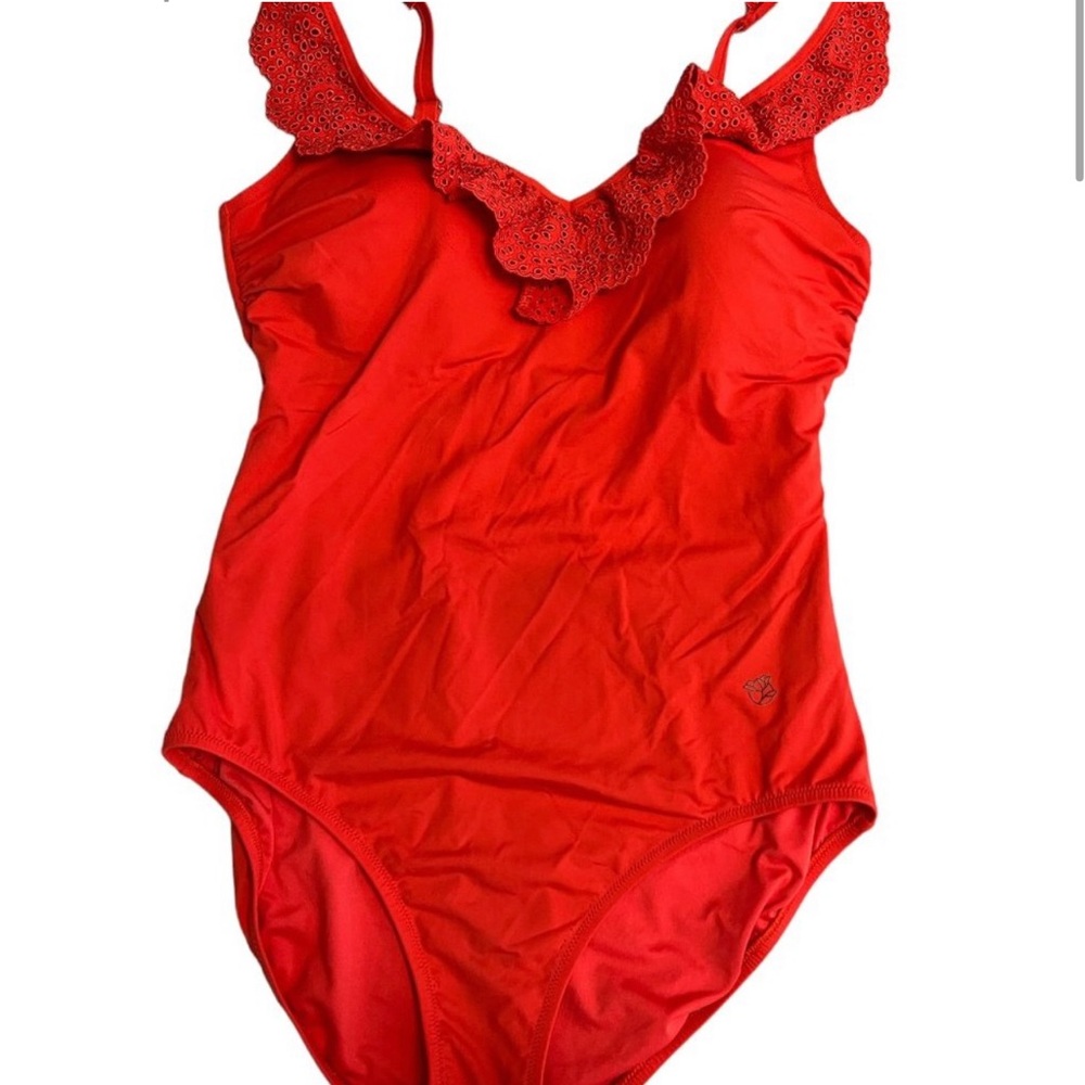 Lands End Size 10 Ruffle Neck Coral One Piece